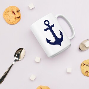 ANCHOR Mug, Ceramic in 11 oz. or large oversized 15 oz. Beautiful minimal nautical design in navy & parchment w. subtle distressed texture image 5