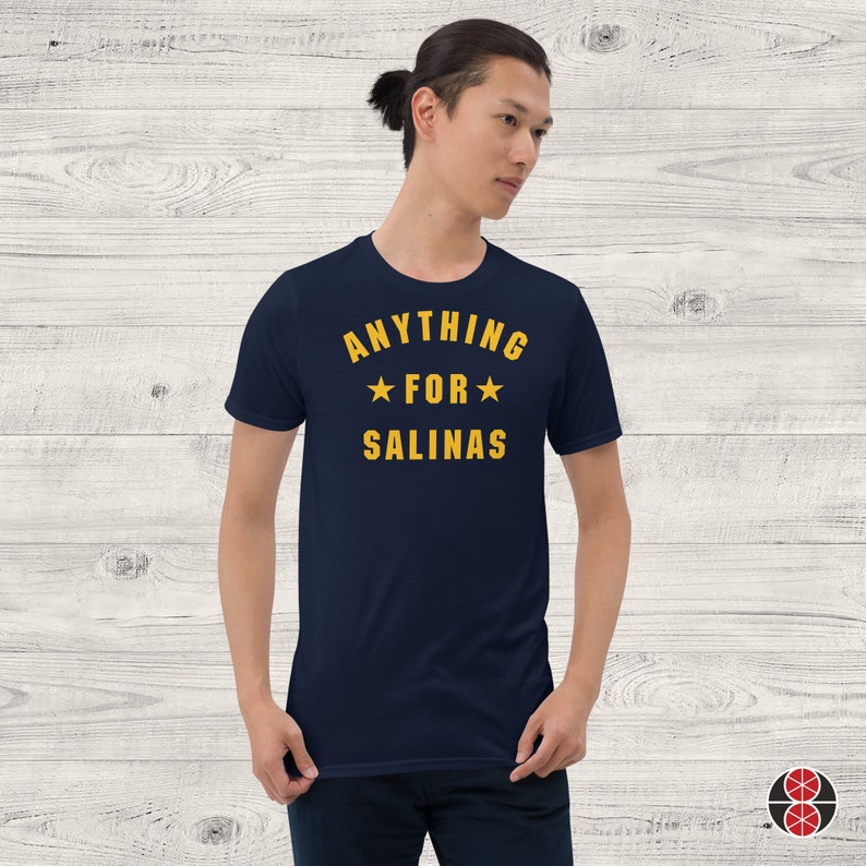 ANYTHING FOR SALINAS Shirt In Black / Navy / Dark Heather, Unisex Retro minimal athletic style design with stars in white, fan gift image 5