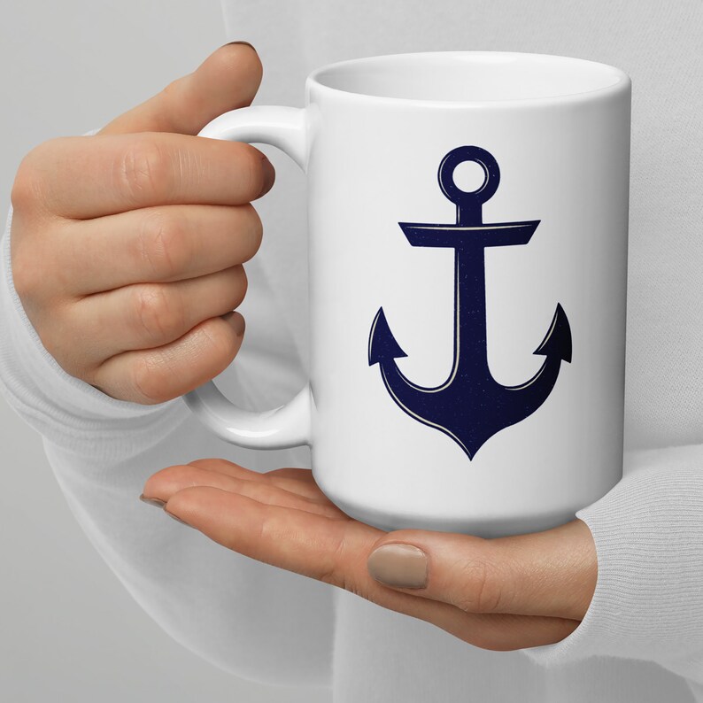ANCHOR Mug, Ceramic in 11 oz. or large oversized 15 oz. Beautiful minimal nautical design in navy & parchment w. subtle distressed texture image 2