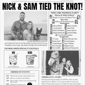 May include: A black and white newspaper announcement for a wedding. The headline reads "Nick & Sam Tied The Knot!" The announcement includes a photo of the couple and their dogs, a list of the wedding party, and a description of their love story. The announcement also includes a section titled "The Newlyweds Specialty Cocktails" with illustrations of an Old Fashioned and a Caipiroska.