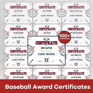 Op de afbeelding: Een verzameling honkbal-oorkondes met rode en blauwe tekst, honkbalafbeeldingen met vleugels en gekruiste knuppels. De certificaten bevatten titels zoals Best Batter, Best Pitcher en Rookie of the Year, met een rode cirkel die 100+ Certificates aangeeft.