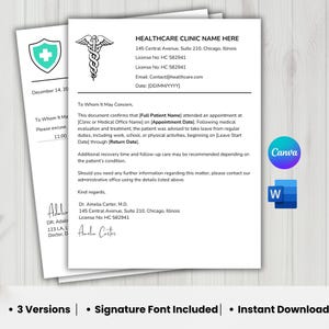 May include: A printable medical excuse note template featuring a caduceus symbol, a shield icon with a cross, and placeholder text for clinic details, patient name, appointment dates, and doctor signature. Includes Canva and Word file icons.
