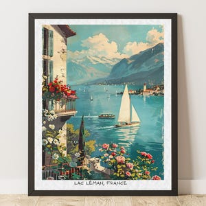 Lac Léman Vintage Travel Poster: French Alps, Sailboats & Flowers