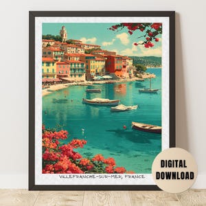 Villefranche-sur-Mer Digital Print, French Riviera Wall Art, Vintage Travel Poster, Mediterranean Coastal Decor