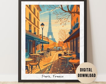 Retro Travel Poster Paris, Print Eiffel Tower, Wall Art Vintage, Prints France, Digital Download