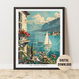 Lac Léman Vintage Travel Poster: French Alps, Sailboats, Flowers (Digital Download)