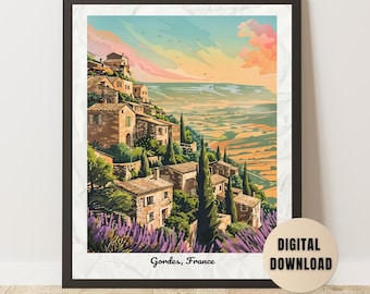 Puede incluir: Una impresión artística digital enmarcada de Gordes, Francia, con una colorida ilustración de un pueblo en la ladera con edificios de piedra, cipreses y campos de lavanda. El cielo transiciona de naranja a azul. El texto en la impresión dice "Gordes, France" y "DESCARGA DIGITAL."
