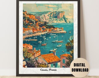 May include: A framed digital print depicting Cassis, France, a coastal town with boats in the harbour and buildings with orange roofs. The artwork is in a vintage travel poster style, with a blue and orange colour palette.