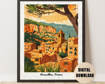 May include: A framed digital print depicting Roussillon, France, with orange-roofed buildings, a church tower, and a mountain backdrop. The artwork is in a vintage travel poster style, with a warm colour palette and the text "Roussillon, France".