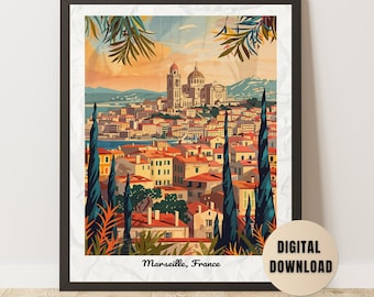 May include: A framed art print of Marseille, France, showcasing a stylized cityscape with red-tiled roofs, a cathedral, and tall trees. The artwork has a vintage travel poster style, with the text "Marseille, France" at the bottom. The print is a digital download.