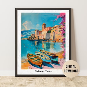 Collioure Travel Poster, Vintage Travel Print France French Riviera Wall Art Mediterranean Sea Coastal Decor Nautical Art Digital download
