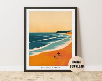 Hossegor print, Beach Poster Coastal Wall Art Orange Sunset Ocean Waves Surfboard wall art
