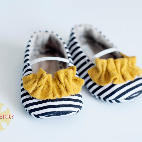 JANEY baby girl shoes - navy blue and white stripe with yellow ruffle