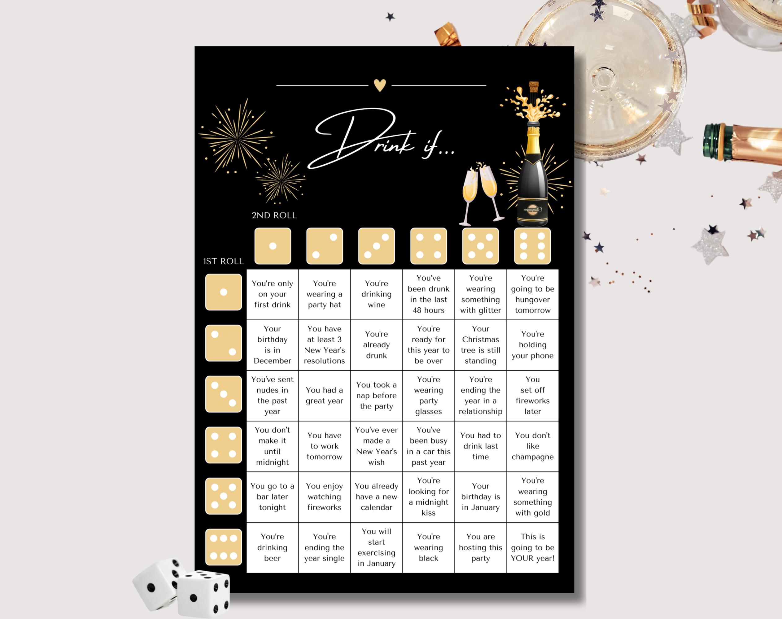New Years Eve Drink If Dice | Printable | Drunk Dice | Happy New Year ...