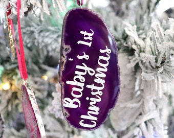 Agate Ornament Personalized, Agate Slice, Purple Agate, Boho Ornament, Ornament, Christmas Gift, Holiday Gift, Date, Name, Inspirational