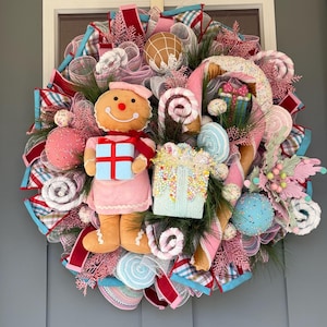 Pastel Gingerbread Christmas Wreath Candy Cane - Holiday Decor - Gingerbread Kitchen – Pink & Blue Whimsical Christmas Decoration