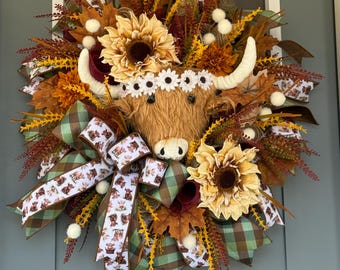 Highland Cow Fall Wreath, Sunflower Autumn Door Decor, Rustic Farmhouse Buffalo Plaid Front Porch Handmade