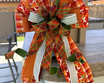 Fall Lantern Bow Autumn Leaves Plaid Pumpkin Orange Green Farmhouse Door Thanksgiving Porch Decor