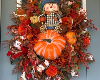 Scarecrow Fall Wreath, Pumpkin Autumn Door Decor, Sunflower Harvest Farmhouse Porch Handmade Thanksgiving