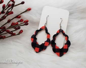 Buffalo Plaid Scalloped Cork on Leather Earrings, Lightweight Earrings, Surgical Steel, Cowhide, Checkered