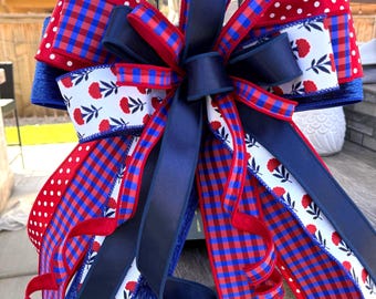 Patriotic Layered Bow, Red White Blue Gingham Polka Dot Ribbon, 4th of July Wreath