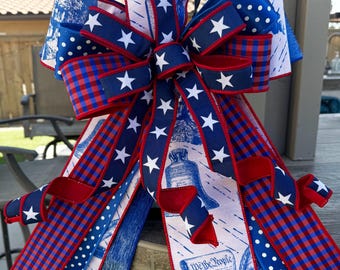 Patriotic Layered Ribbon Bow, Americana Front Door Decor, Fourth July Wreath Accent, Memorial Day Porch
