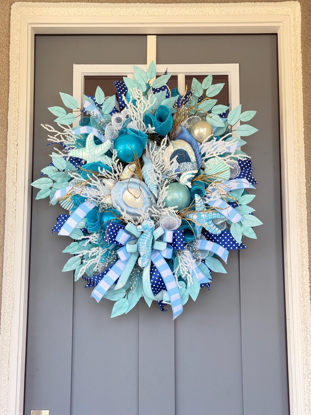 Coastal Seashell Wreath Beach Door Decor Nautical Starfish Seahorse ...