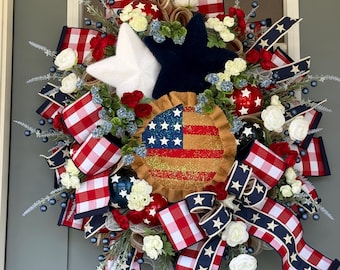 Patriotic Front Door Wreath Americana Decor Red White Blue Star Gingham Ribbon Summer Fourth of July Rustic Floral Burlap Accent Pie