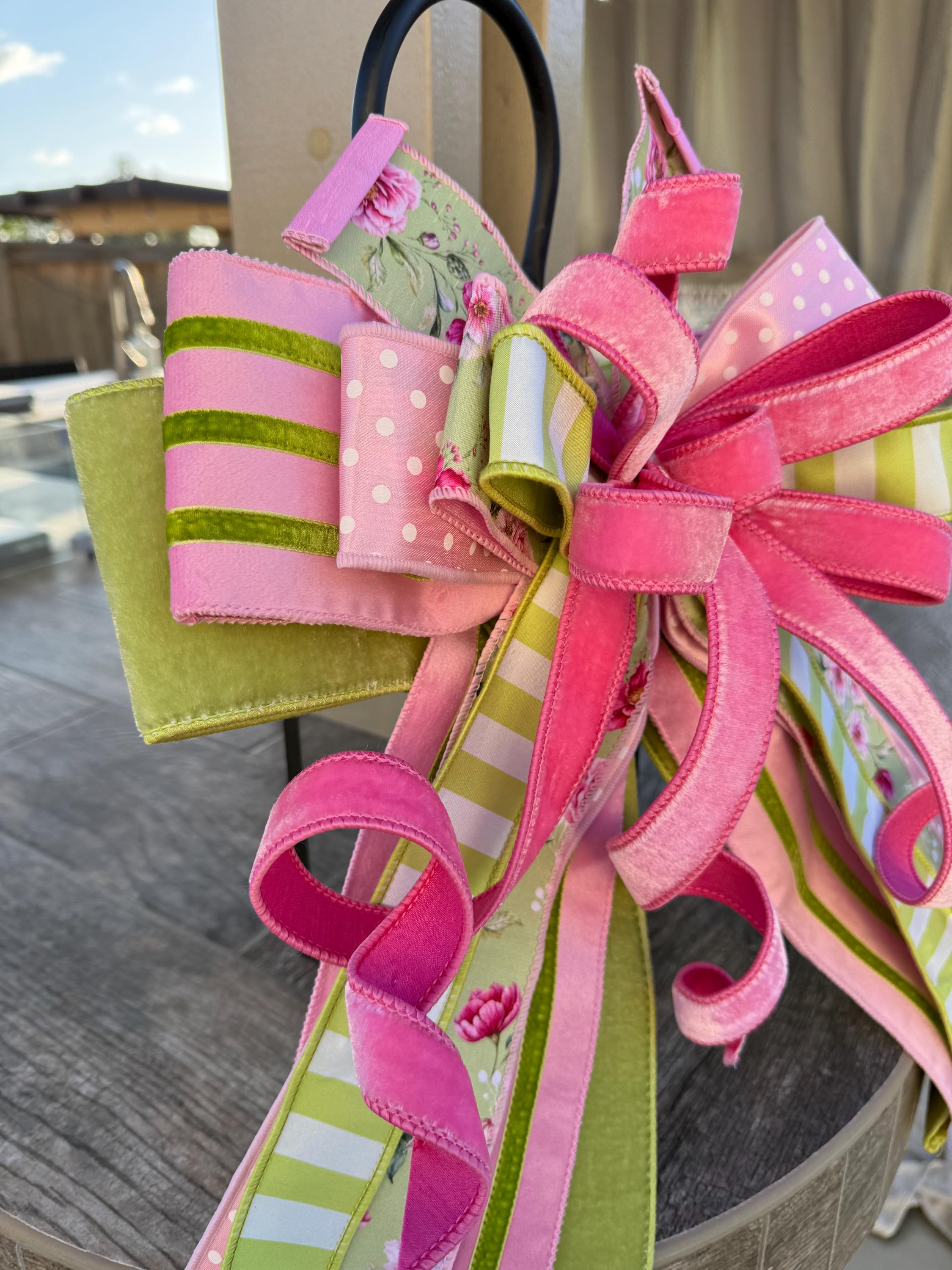 Pink & Green Floral Spring Bow, Rose Blooms Ribbon Wreath Bow, Garden ...