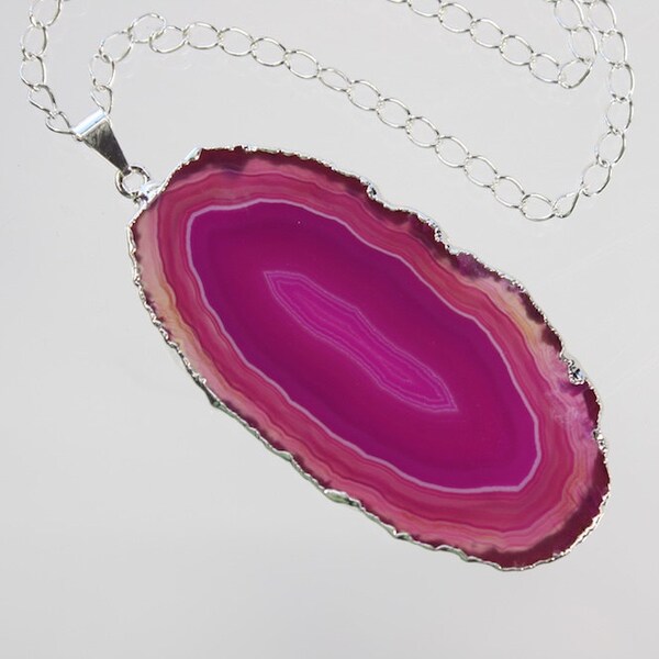 Pink Agate Necklace, Agate Pendant,  Fushia Agate , Boho Jewelry, Boho Necklace, Layering Necklace, Silver Plated Agate Slice Jewelry, APS11