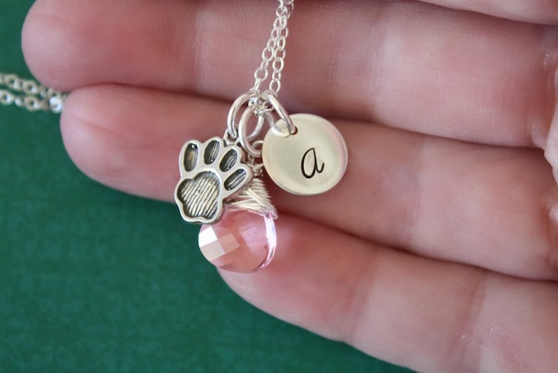 Sterling Silver Teen Initial Charm Necklace Paw Charm Personalized Pet Necklace Monogram Necklace Birthstone Dog Charm