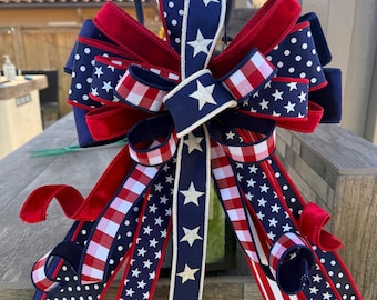 Patriotic Bow Red White Blue Wreath Bow, 4th of July Decor, Memorial Day Bow, Americana Star Ribbon Bow, Front Door Swag Topper, Large