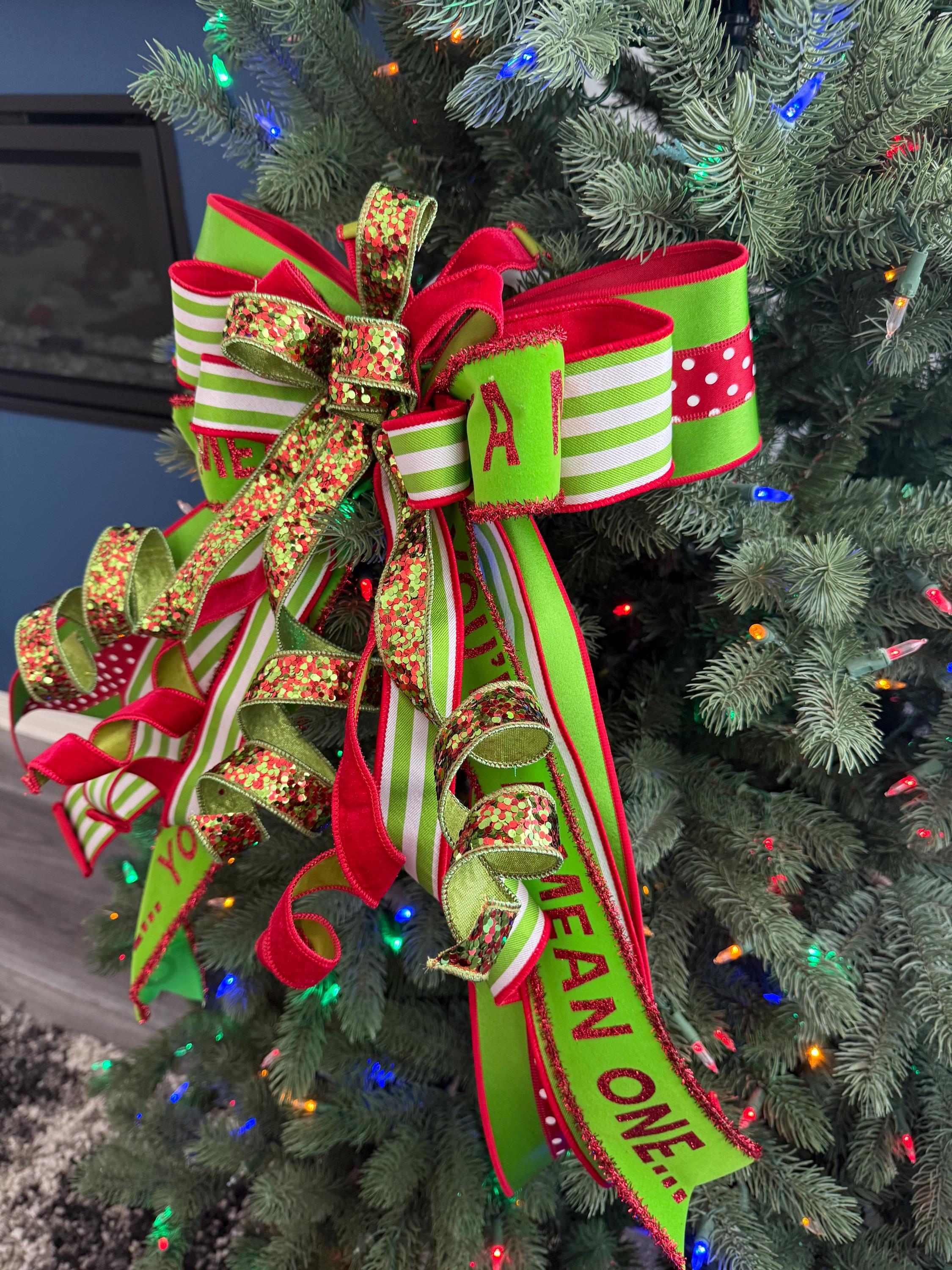Christmas Bow Tree Topper, Red & Green Glitter Holiday With Sparkling ...