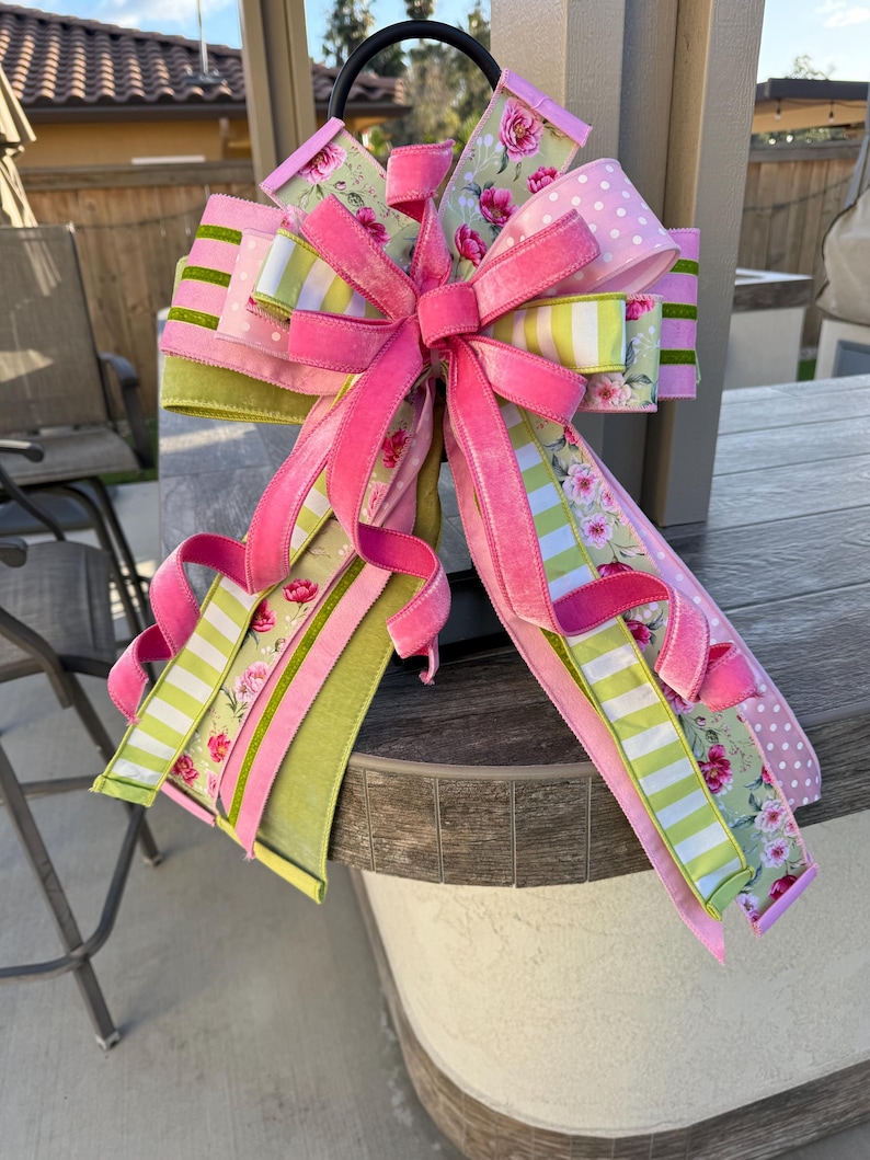 Pink & Green Floral Spring Bow, Rose Blooms Ribbon Wreath Bow, Garden ...