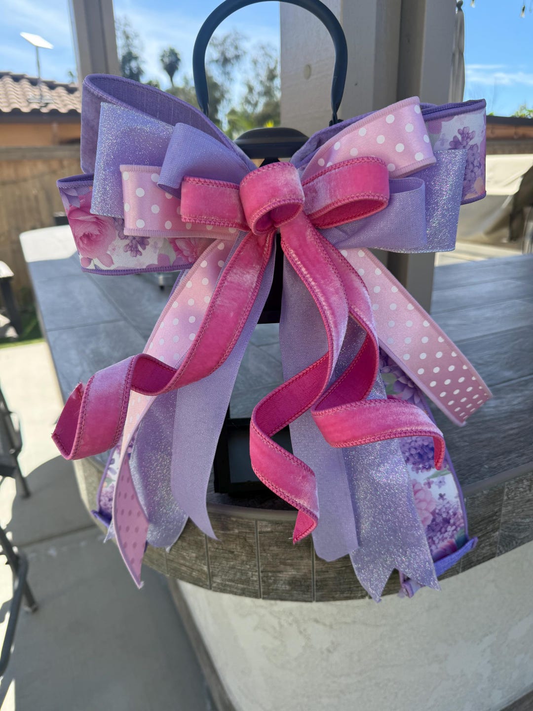 Pink & Lavender Spring Lantern Bow, Floral Polka Dot Ribbon Bow ...