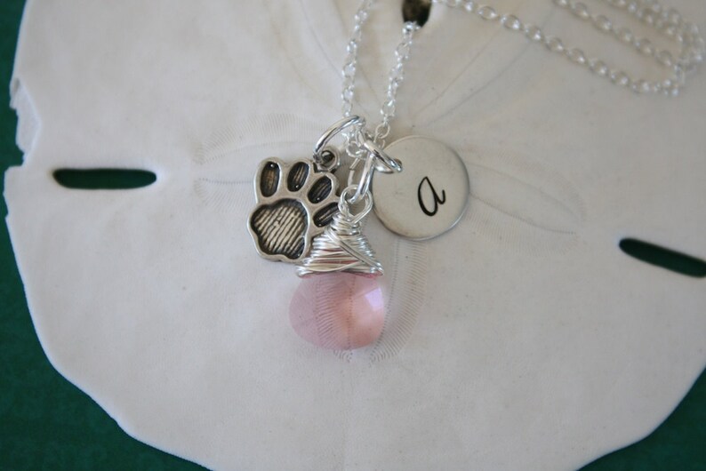 Sterling Silver Teen Initial Charm Necklace Paw Charm Personalized Pet Necklace Monogram Necklace Birthstone Dog Charm