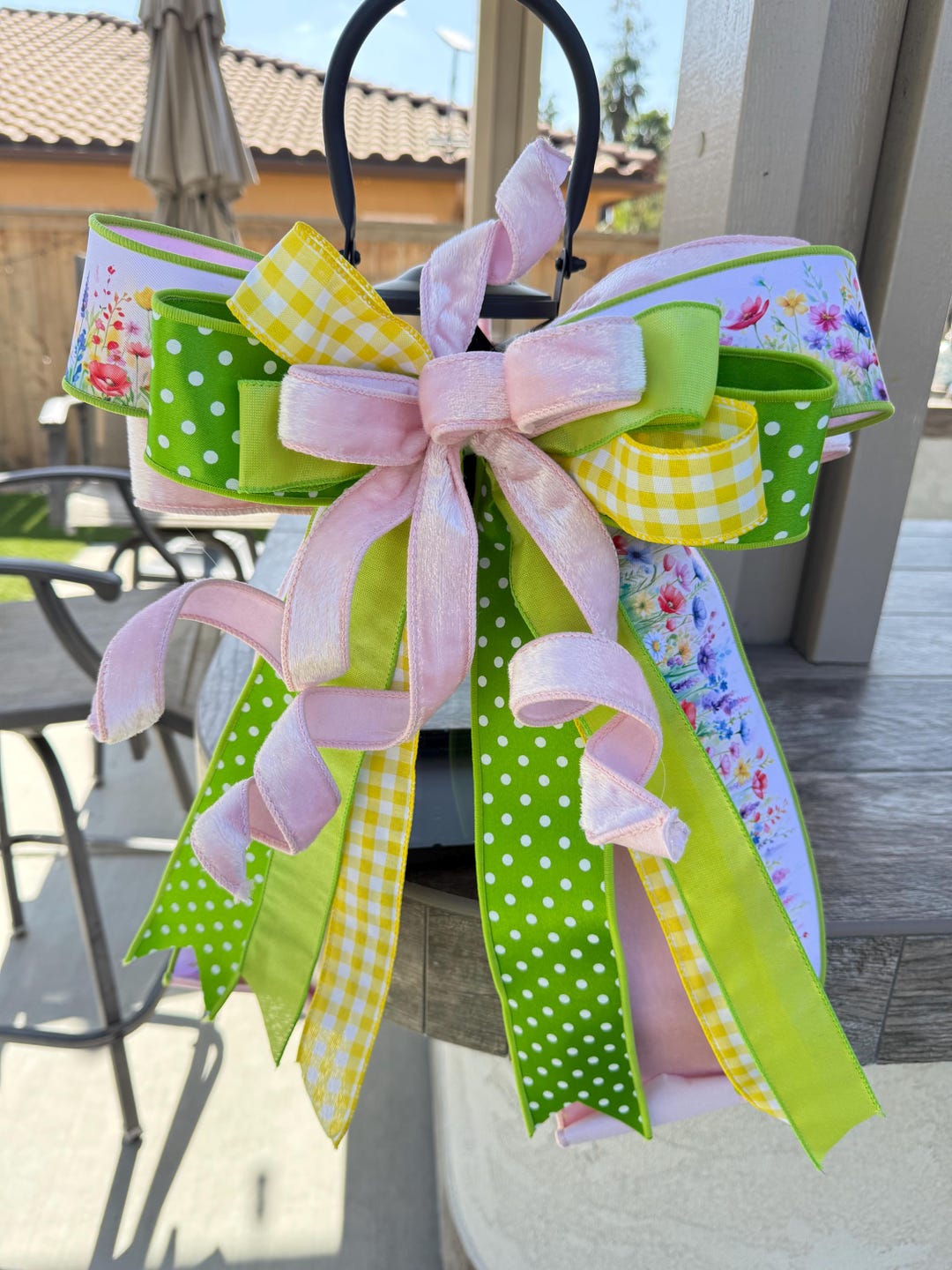 Spring Easter Lantern Bow, Pink Velvet & Lime Green Polka Dot Ribbon ...