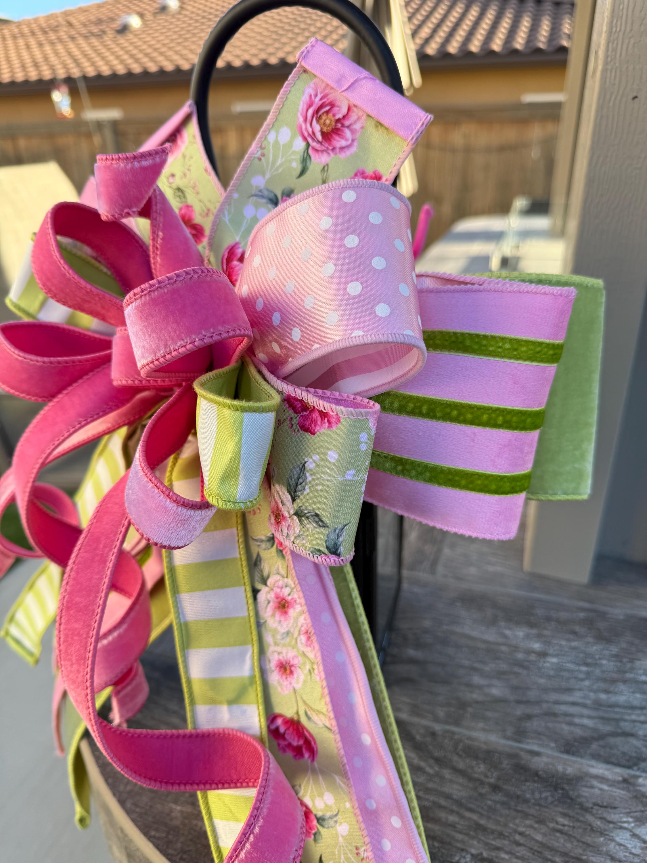 Pink & Green Floral Spring Bow, Rose Blooms Ribbon Wreath Bow, Garden ...