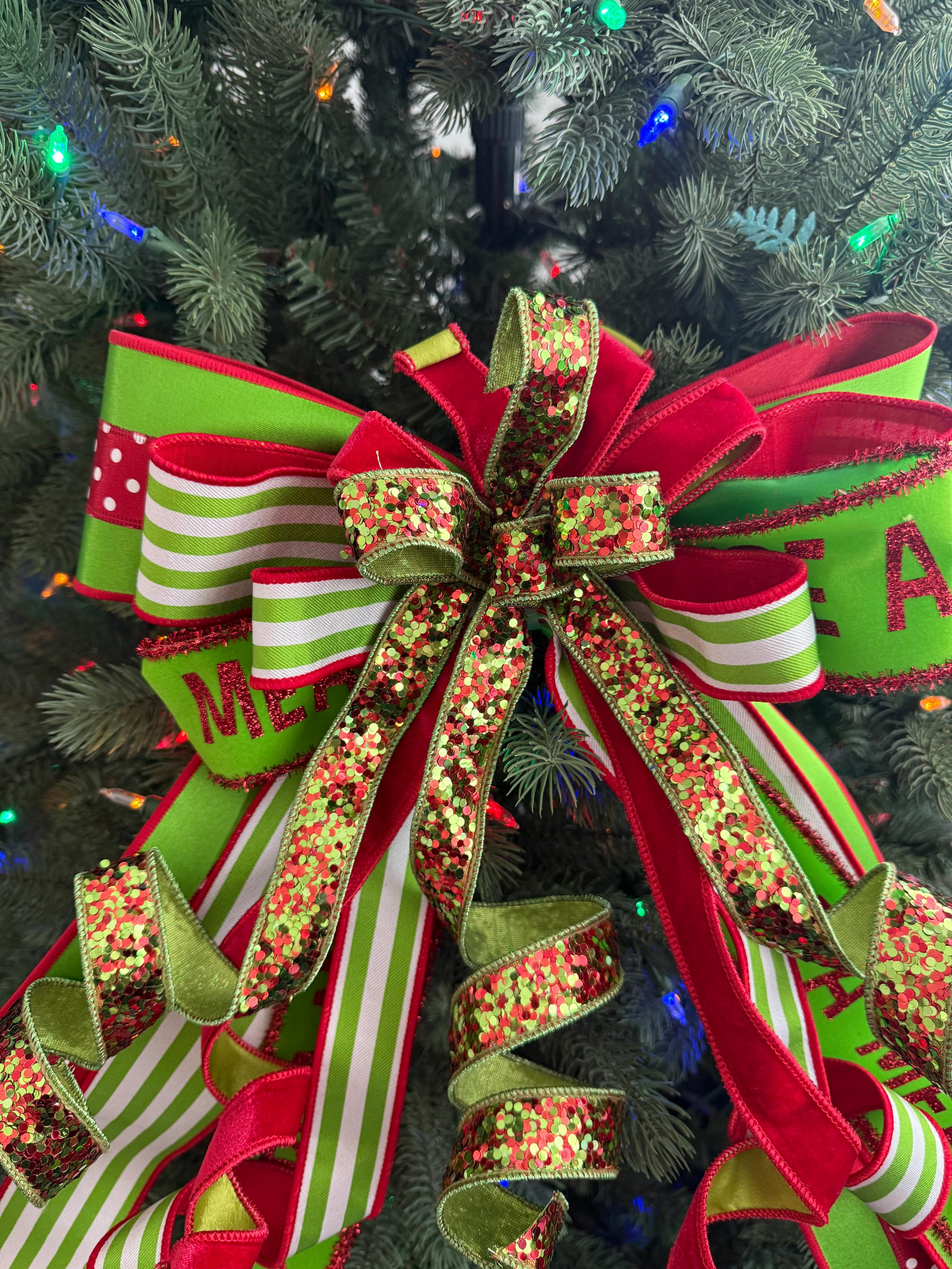 Christmas Bow Tree Topper, Red & Green Glitter Holiday With Sparkling ...