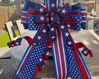 Patriotic Front Door Bow, Fourth of July Decor, Americana Wreath Accent, Red White Blue Ribbon Swag, Memorial Day Porch Decoration