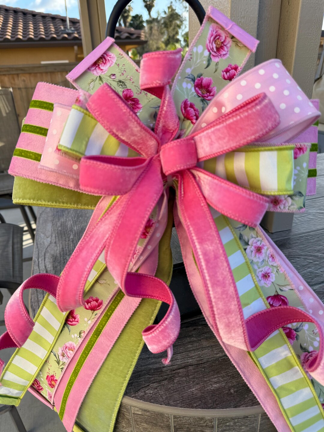 Pink & Green Floral Spring Bow, Rose Blooms Ribbon Wreath Bow, Garden ...