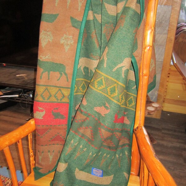 Vintage Pendleton Wool Blanket / Deer Canoes Pines Fish 100% wool throw/ afghan/ blanket/ Blue Pendleton Label