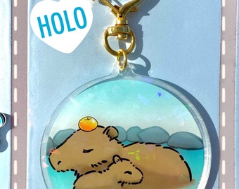 Capybara holographic acrylic keychain, 2 1/2 inches