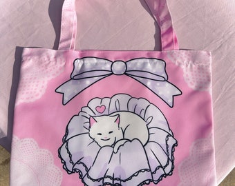 Petticoat Cat jfashion zipper tote bag, white cat lover gifts, pink, kawaii