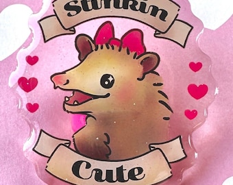 Stinkin Cute Opossum Kawaii Glitter Acrylic Pin