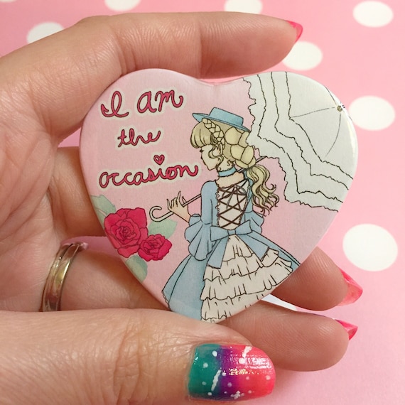 I AM the occasion Lolita Fashion Statement Pin, heart shape pinback button, kawaii art I AM the occasion Lolita Fashion Statement Pin, heart shape pinback button, kawaii art