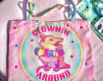 Clownin Around Clown Opossum jfashion zipper tote bag, opossum gifts, kawaii