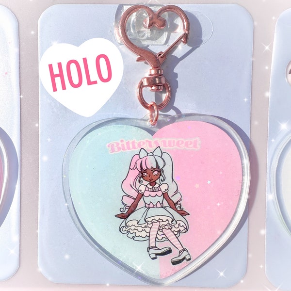 Bittersweet Lolita Fashion Statement holographic acrylic keychain, heart shape, kawaii art