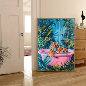 Tiger Poster, Maximalist Bathroom Wall Art, Dopamine Decor, Pink Kitsch Aesthetic, Tiger In a Bath Print, Preppy Wall Art, Trendy Decor