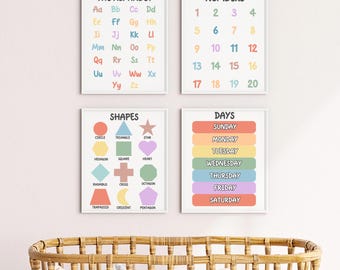 May include: Four colorful educational posters with a rainbow color scheme. The posters feature the alphabet, numbers 1-20, shapes, and days of the week.
